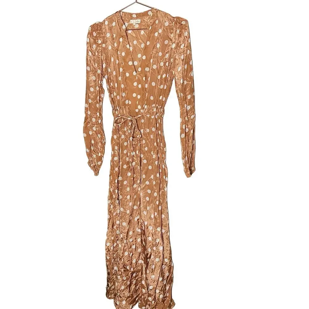 byTiMo Polka Dot Tan White Hourglass V-Neckline Long Sleeve Midi Dress Size S - Picture 4 of 13
